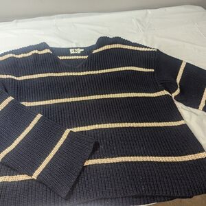 VTG Calvin Klein Jeans Ribbed Knit V-Neck Navy White Stripe Sweater Women's M